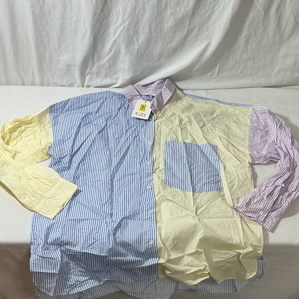 Gianni Bini Colorblock Striped Button-Down Shirt - Blue, Yellow & Pink - Picture 1 of 9